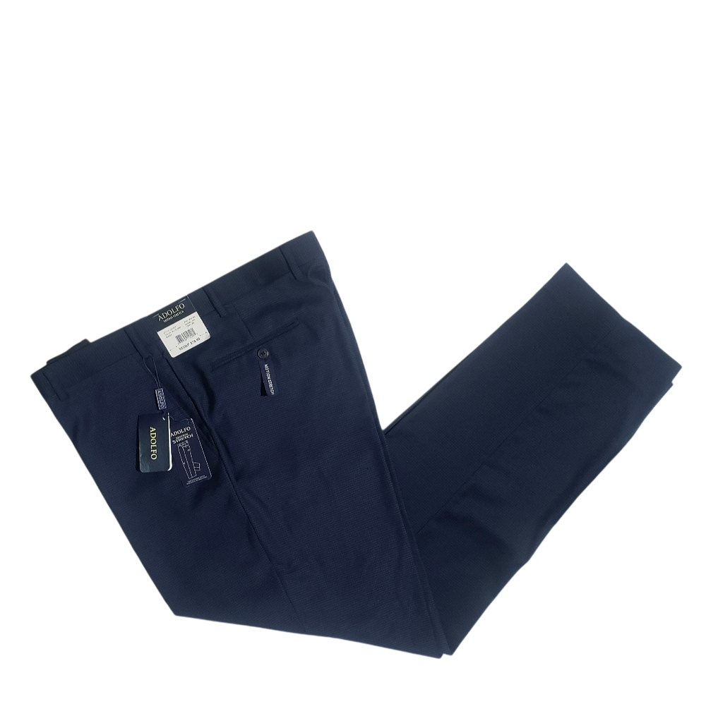 Adolfo Mens Motion Stretch Flat Front Dress Pants Navy Blue Check 40W x 32L NWT